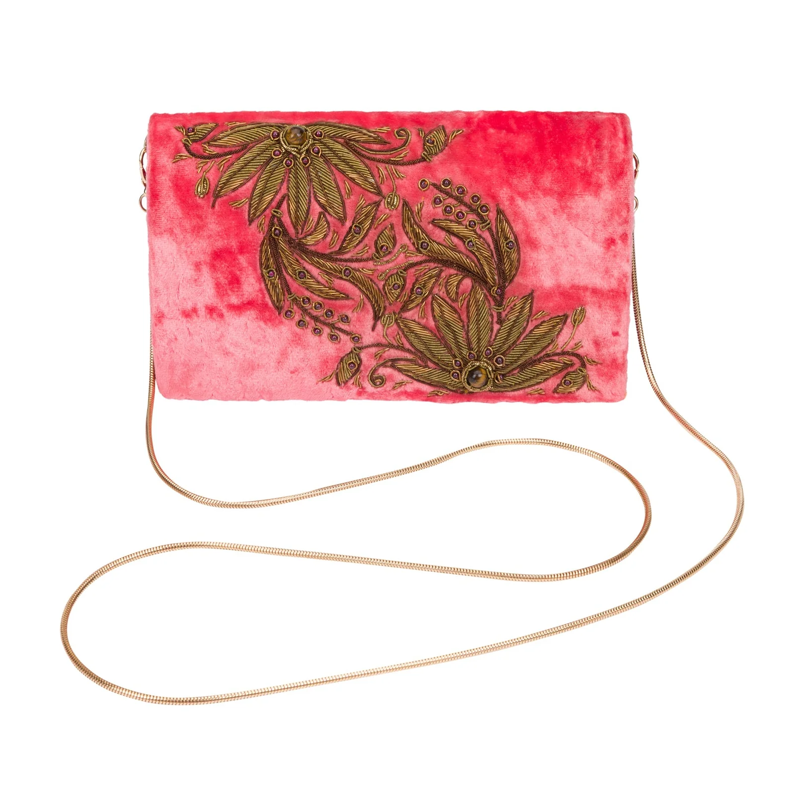 CREAMSICLE CORAL VELVET CLUTCH WITH ZARDOZI EMBROIDERY AND GEMSTONES