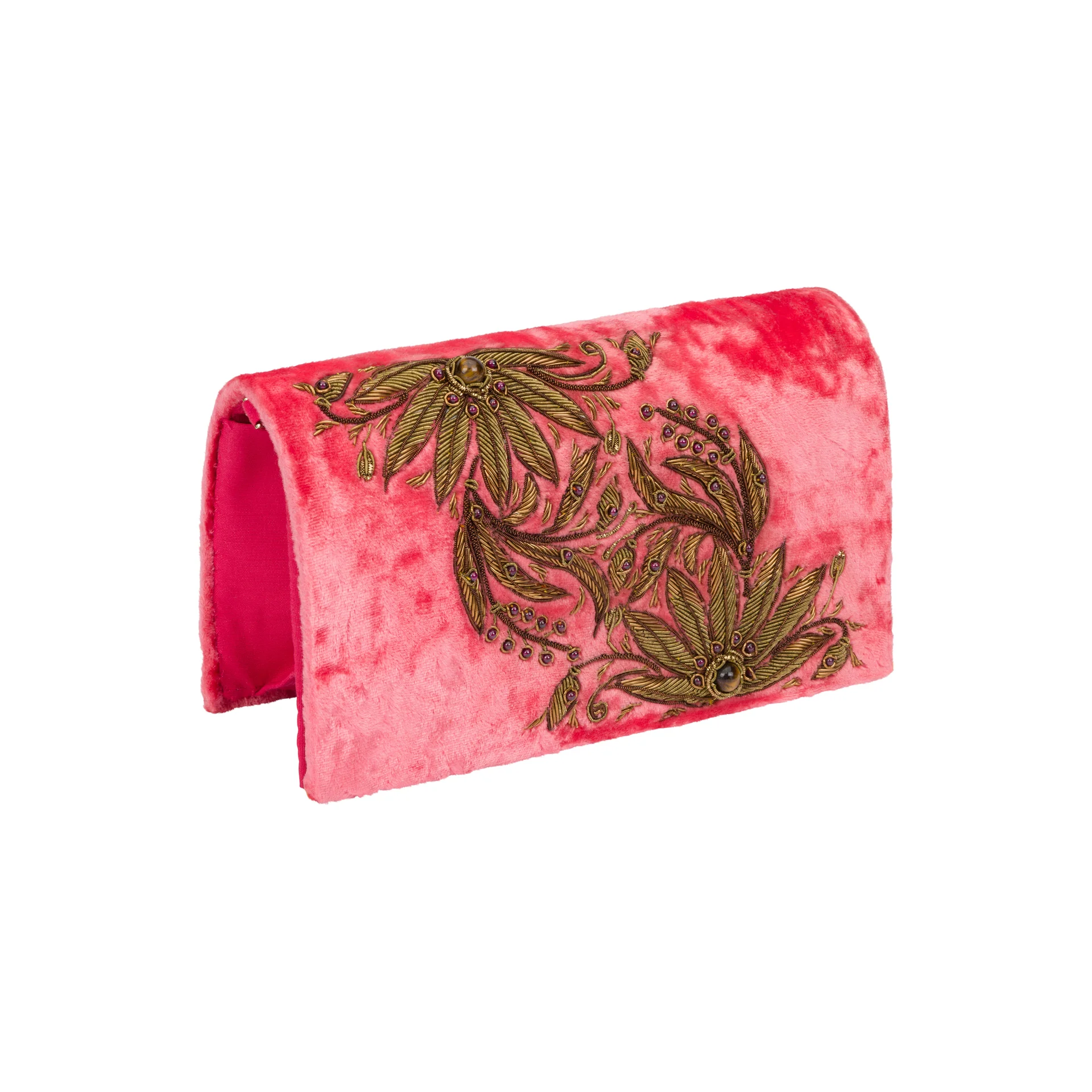 CREAMSICLE CORAL VELVET CLUTCH WITH ZARDOZI EMBROIDERY AND GEMSTONES - Image 2