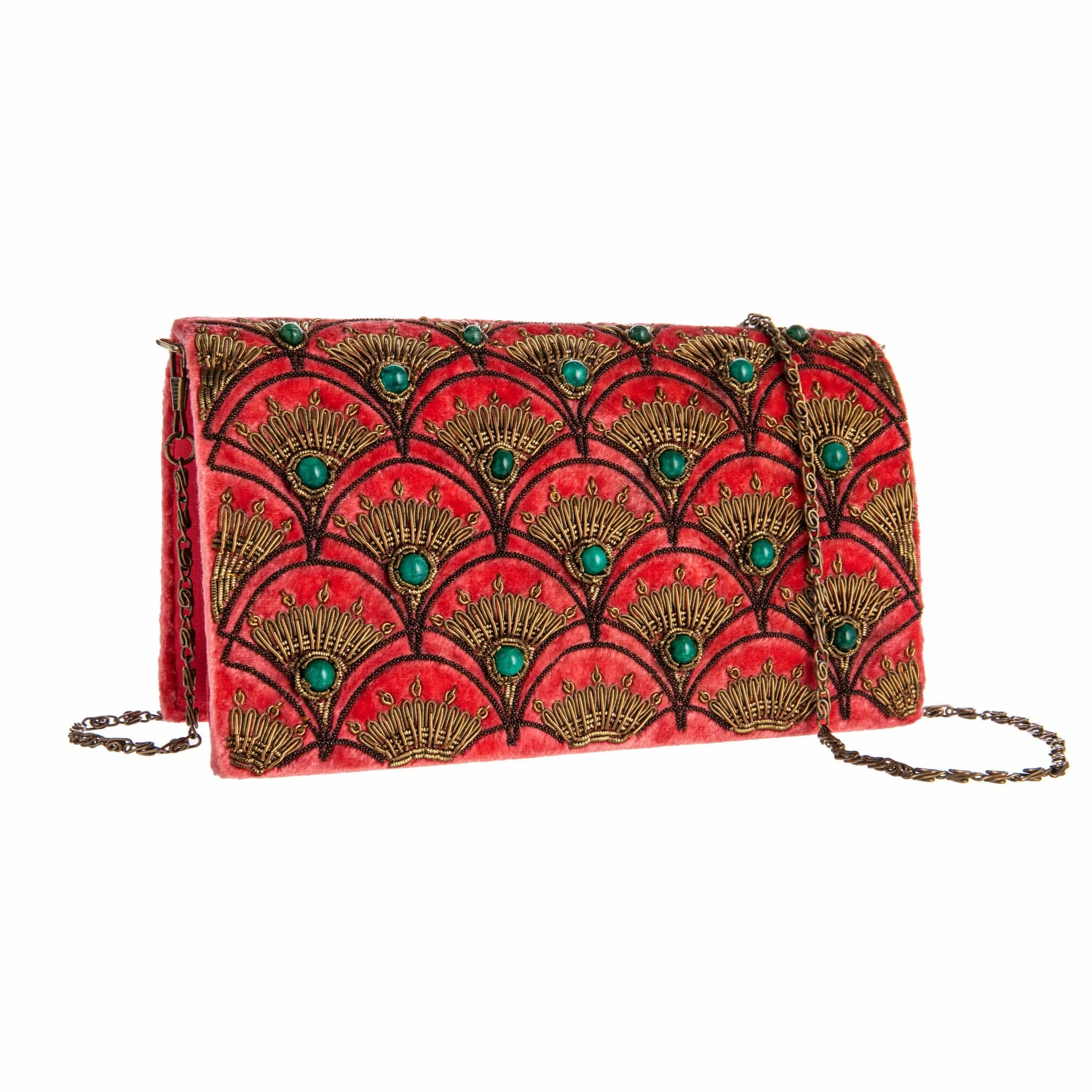 PEACOCK FEATHER CORAL VELVET BEADED CLUTCH