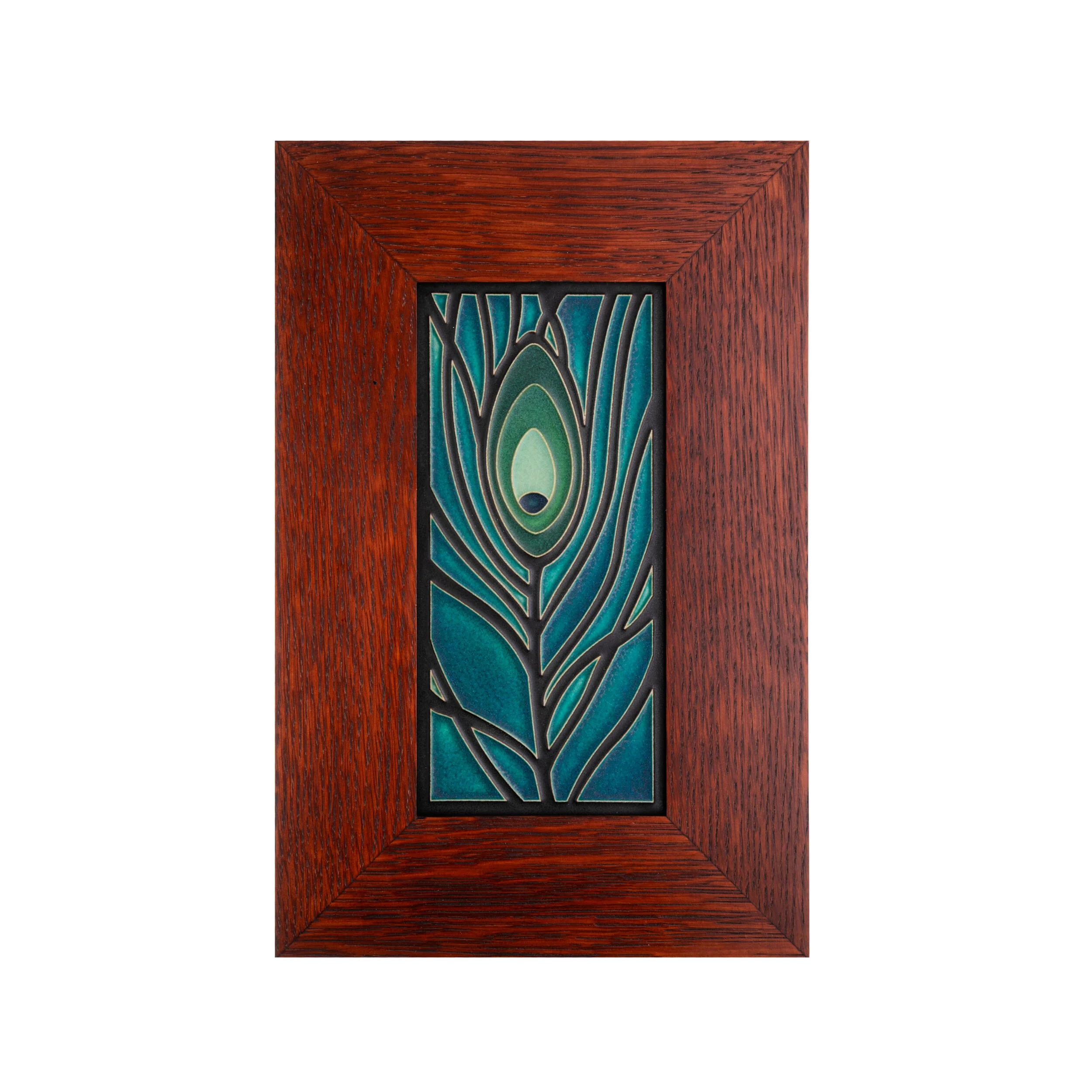 PEACOCK FEATHER OAK FRAMED TILE