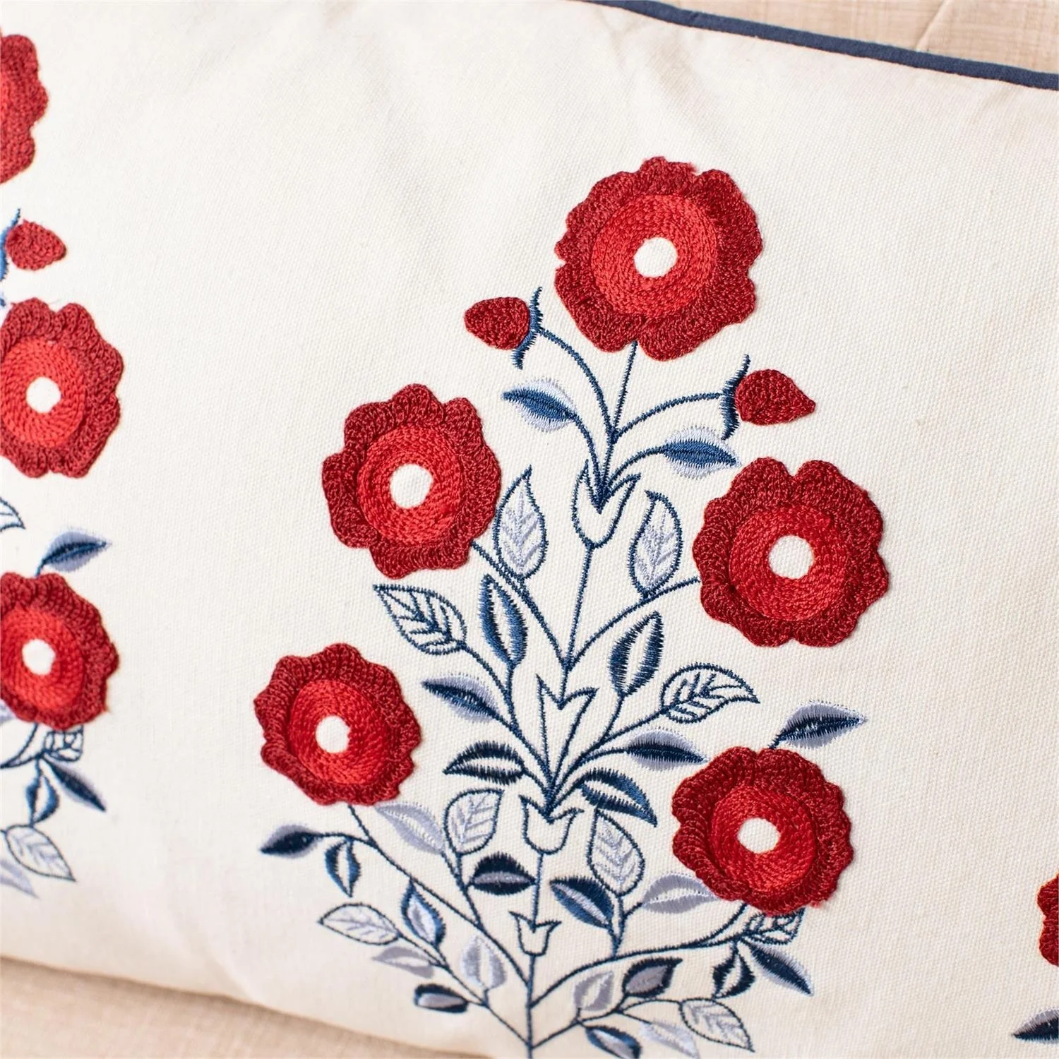 RED, WHITE, AND BLUE FLORAL EMBROIDERED PILLOW - Image 3