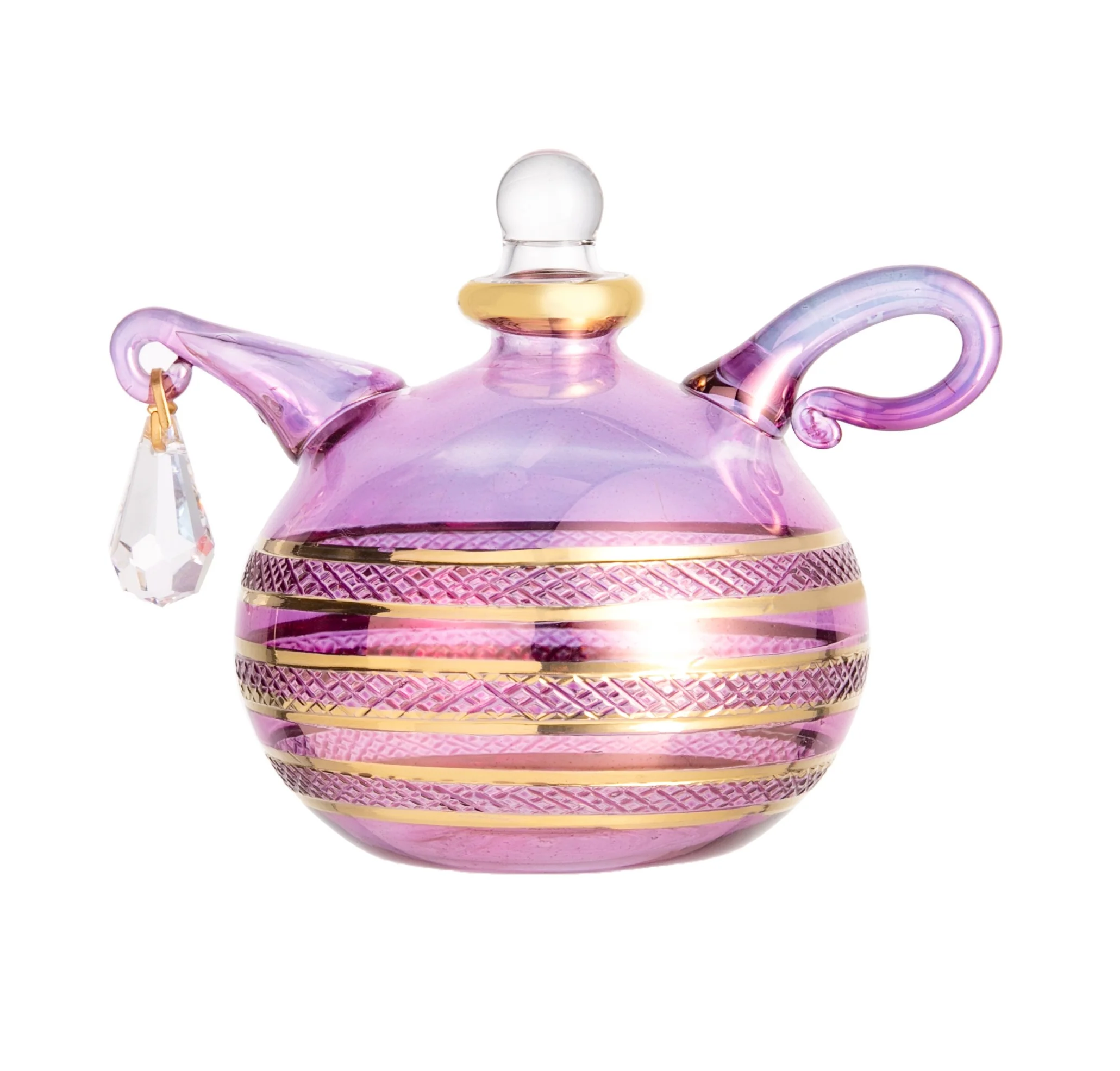 TEAPOT-SHAPED ETCHED GLASS ORNAMENT WITH CRYSTAL DROP